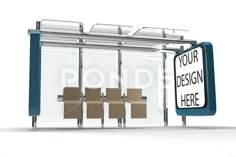 3D illustration of bus stop with advertisements for use as PSD and Mockup PSD Template