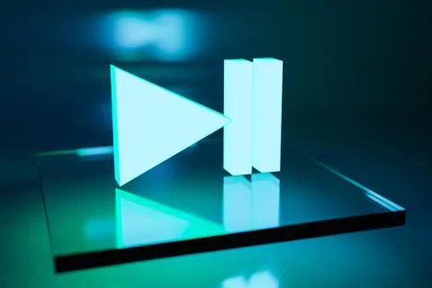 3d illustration button to turn on music on blue and green background. Video a Stock Photos