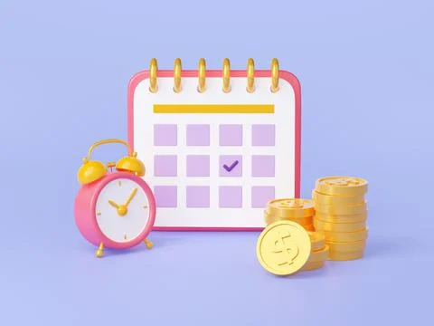 3D illustration of calendar page, clock and money Stock Illustration