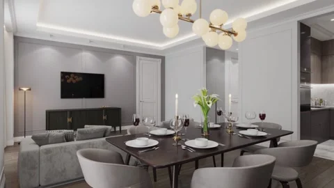 3D-Illustration.  Camera in the  dining room slowly circles the set table. Stock Footage 154990416