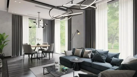 3D illustration. Camera flies over the sofa and stops near the dining table, in Stock Footage 166865192