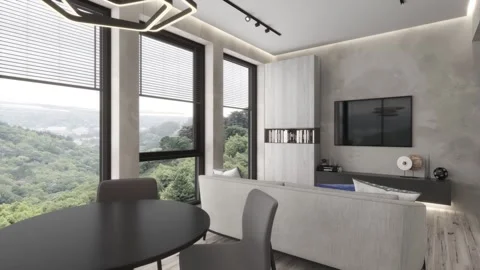 3D illustration. Camera flies  through the interior of the living room in a mode Stock Footage 142578453