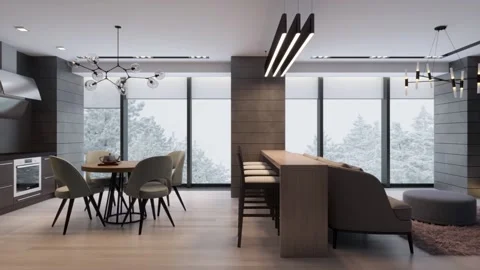 3D illustration. Camera flies through the interior of the living room in a moder Stock Footage 145869970