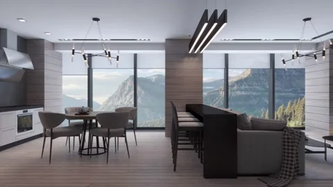 3D illustration. Camera flies through the interior of the living room in a moder Stock Footage 146734792