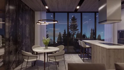 3D illustration. Camera flies through the interior of the living room in a moder Stock Footage 148926379