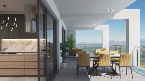 3D-Illustration. Camera flight through  the apartment with a terrace and a view Stock Footage 136226439