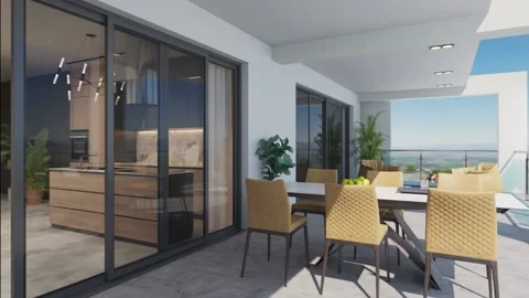 3D-Illustration. Camera flight through  the apartment with a terrace and a view Stock Footage 136226444