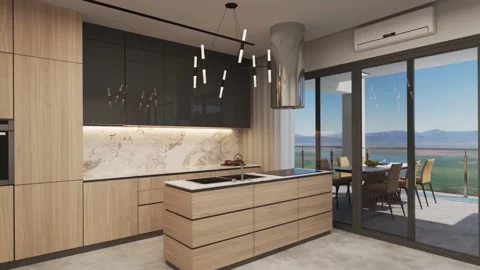 3D-Illustration. Camera flight through  the apartment with a terrace and a view Stock Footage 136226483