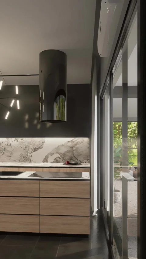 3D illustration. Camera flight through the kitchen to the terrace Stock Footage 276225631