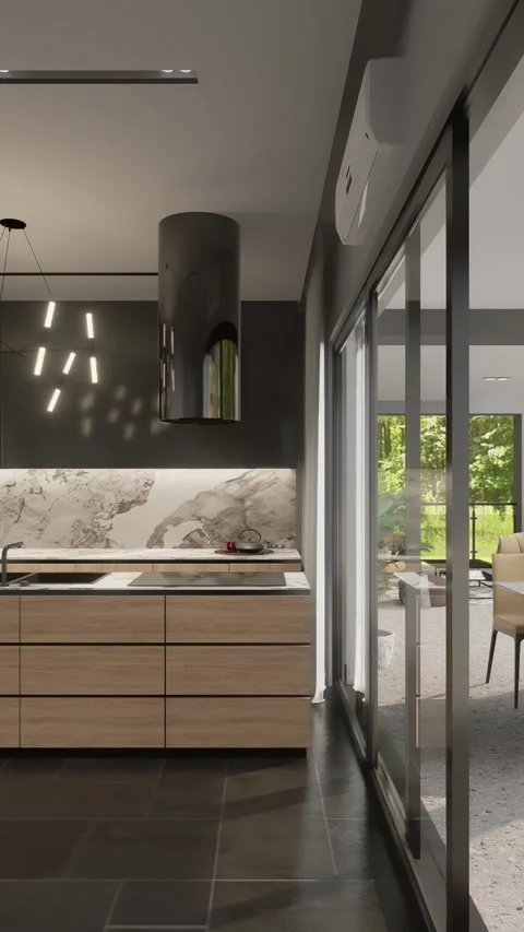 3D illustration. Camera flight through the kitchen to the terrace Stock Footage 276225632