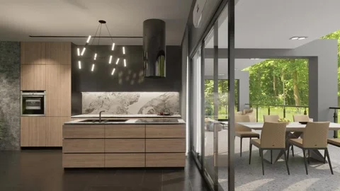 3D illustration. Camera flight through the kitchen to the terrace Stock Footage 276225635