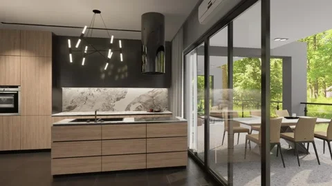 3D illustration. Camera flight through the kitchen to the terrace Stock Footage 276225636