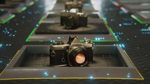 3d illustration of cameras in flat style on technological background. 스톡 일러스트