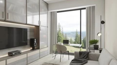 3d Illustration. The camera's flight through the living room, with a TV wall and Stock Footage 172243146