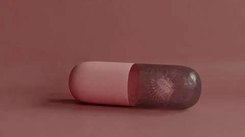 3D illustration capsule pill encasing a virus-like structure, medical treatment Stock Illustration