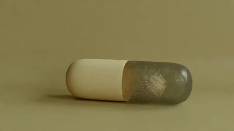 3D illustration capsule pill encasing a virus-like structure, medical treatment Illustrazione stock