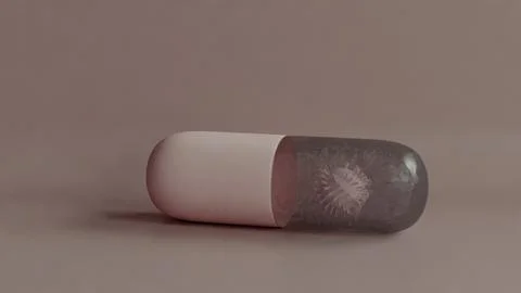 3D illustration capsule pill encasing a virus-like structure, medical treatment Stock Illustration