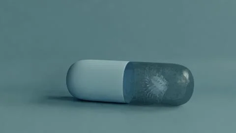 3D illustration capsule pill encasing a virus-like structure, medical treatment Stock Illustration