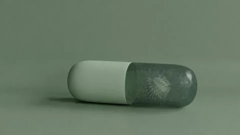 3D illustration capsule pill encasing a virus-like structure, medical treatment Stock Illustration