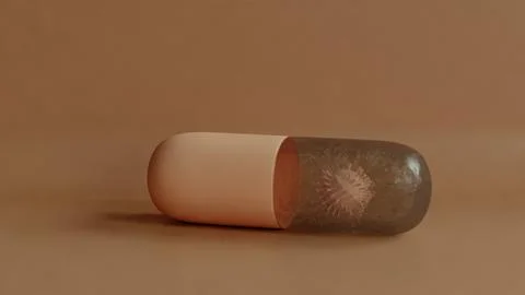 3D illustration capsule pill encasing a virus-like structure, medical treatment Stock Illustration