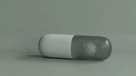 3D illustration capsule pill encasing a virus-like structure, medical treatment Stock Illustration