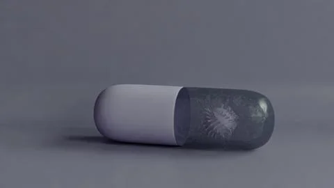 3D illustration capsule pill encasing a virus-like structure, medical treatment Stock Illustration