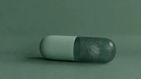 3D illustration capsule pill encasing a virus-like structure, medical treatment Stock Illustration