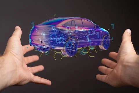 3D illustration of the car and binary code -wireframe rendering of autonomous 库存照片