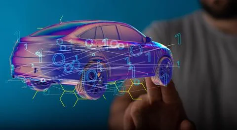 3D illustration of the car and binary code -wireframe rendering of autonomous 스톡 사진