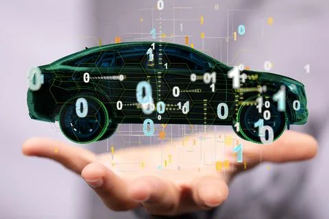 3D illustration of the car and binary code -wireframe rendering of autonomous 库存照片