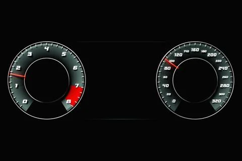 3D illustration of the  car panel, digital bright speedometer, odometer and o Stock Illustration