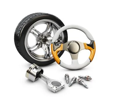 3d Illustration of car steering wheel, piston and wheel , isolated white Stock Illustration