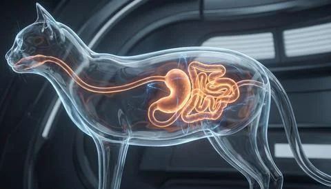 3D illustration of a cat's digestive system glowing within a transparent body イラスト素材
