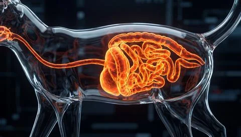 3D illustration of a cat's digestive system highlighted in orange, transpar.. イラスト素材