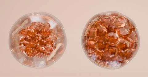 3D illustration of cell division, with an increasing number of orange balls Stock Illustration