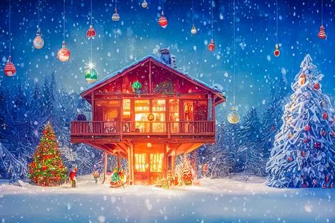 3D illustration of a Christmas tree house with ornaments and colored lights,  Stock Illustration