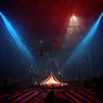 A 3D Illustration of a Circus tent with red colors and the lighting brighten  Stock Illustration