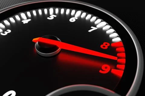 3D illustration close up black car panel, digital bright tachometer. Tachomet Stock Illustration