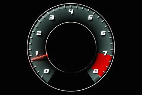 3D illustration close up black car panel, digital bright tachometer. Stock Illustration