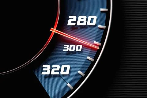 3D illustration close up black car panel, digital bright speedometer in sport Stock Illustration