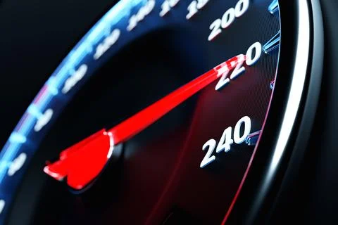 3D illustration close up black car panel, digital bright speedometer in sport Illustrazione stock