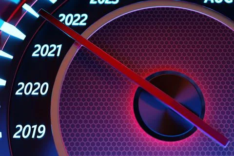 3D illustration close up black speedometer with cutoffs 2020,2021. The concep Stock Illustration