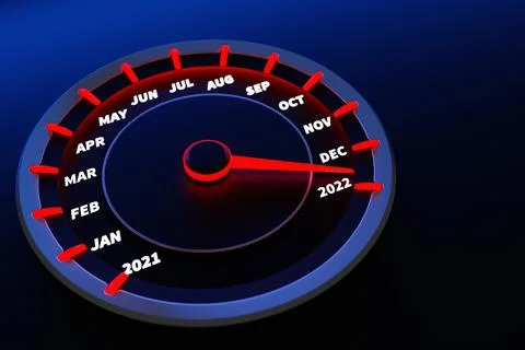 3D illustration close up black speedometer with cutoffs 2021,2022 and calenda Stock Illustration