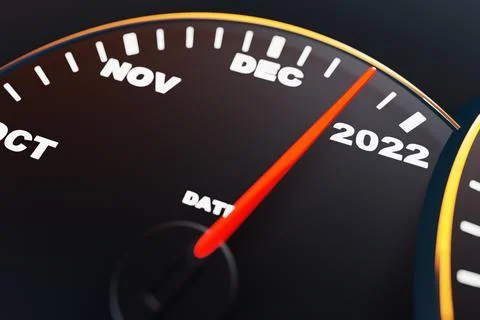 3D illustration close up black speedometer with cutoffs 2022. The concept of  Stock Illustration