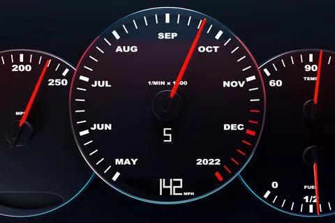 3D illustration close up black speedometer with cutoffs 2022 and calendar mon Stock Illustration