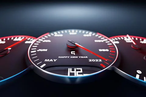 3D illustration close up black speedometer with cutoffs 2022 and calendar mon Stock Illustration