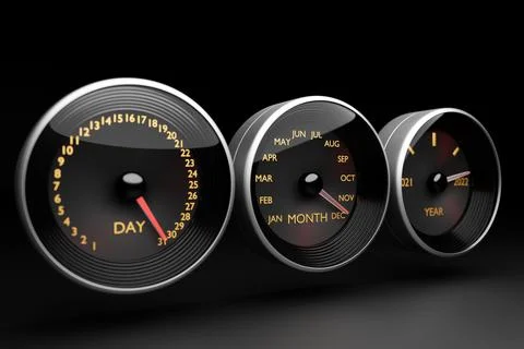 3D illustration close up black speedometer with cutoffs 2021,2022 and calenda Stock Illustration