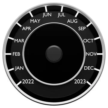 3D illustration close up black speedometer with cutoffs 2022,2023 and calenda Stock Illustration