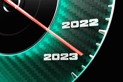 3D illustration close up black speedometer with cutoffs 2022,2023 and calenda Stock Illustration