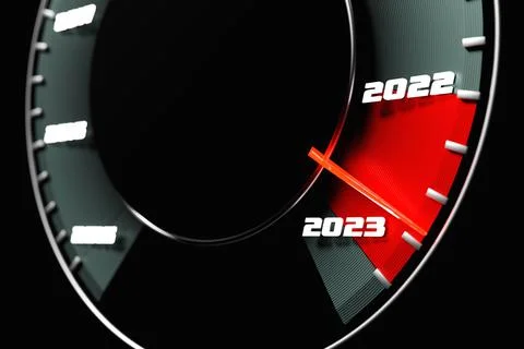 3D illustration close up black speedometer with cutoffs 2022,2023. The concep Stock Illustration